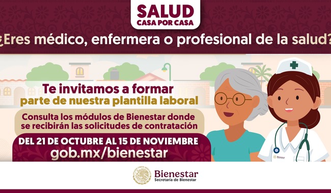 Bienestar abre convocatoria para contratar personal médico y de enfermería para programa Salud Casa por Casa