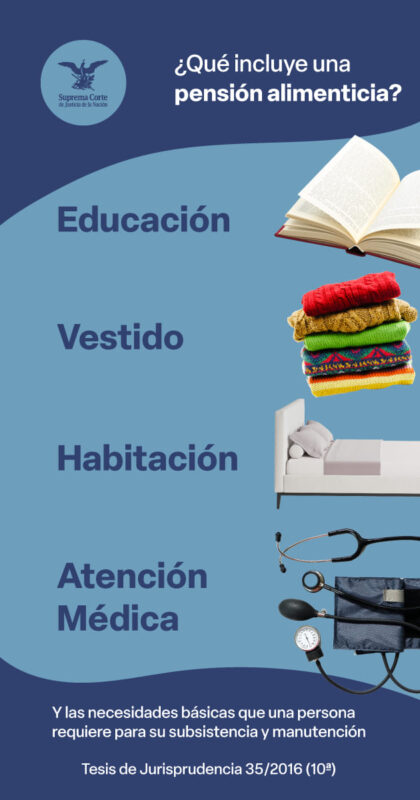La pensión alimenticia también comprende educación, vestido, habitación, atención médica y demás necesidades básicas que una persona necesita para su subsistencia y manutención.