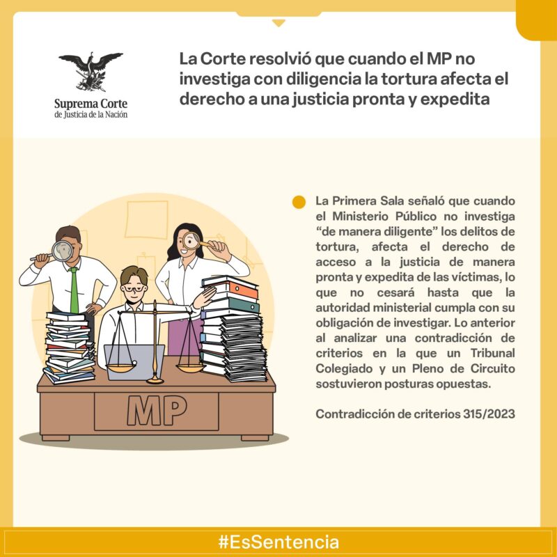 Cuando el Ministerio Público no lleva a cabo una investigación diligente de los delitos de tortura, se afecta el derecho a una justicia pronta y expedita.