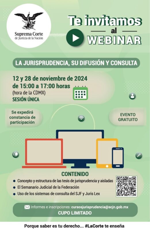 ¿Quieres optimizar tus búsquedas en el Semanario Judicial de la Federación?  Regístrate en el Webinar "La Jurisprudencia su difusión y consulta" y conoce las herramientas que te permitirán aprovecharlo al máximo.