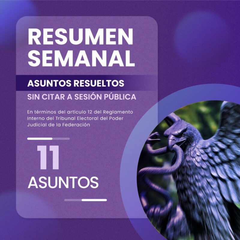 #ResumenSemanal Del 9 al 15 de mayo, el Pleno de la #SalaSuperior del #TEPJF resolvió 11 asuntos sin citar a sesión pública.