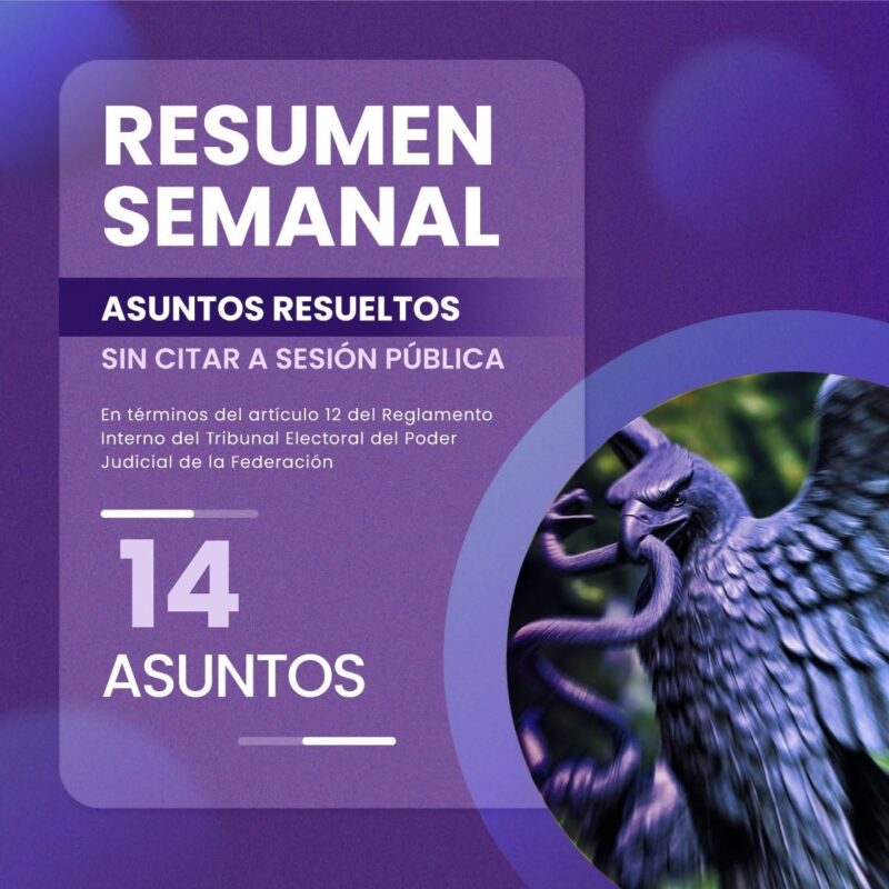 #ResumenSemanal Del 20 al 26 de junio, el Pleno de la #SalaSuperior del #TEPJF resolvió 14 asuntos sin citar a sesión pública.