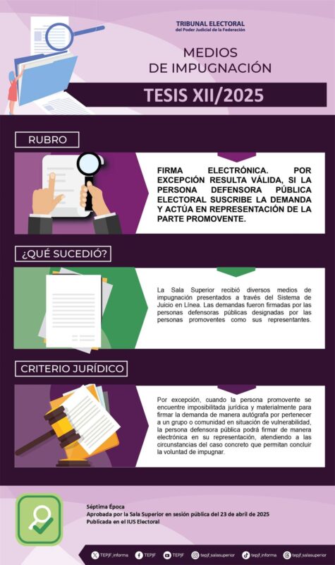 Tesis XII/2025 Rubro: Firma electrónica. Por excepción resulta válida, si la persona defensora pública electoral suscribe la demanda y actúa en representación de la parte promovente.
