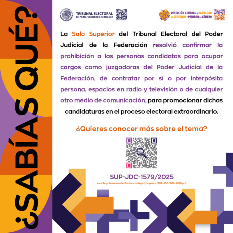 Conoce más sobre la resolución de la Sala Superior que confirmó la prohibición a las candidaturas del Proceso Electoral del Poder Judicial de la Federación de contratar espacios en radio, televisión o cualquier otro medio de comunicación.