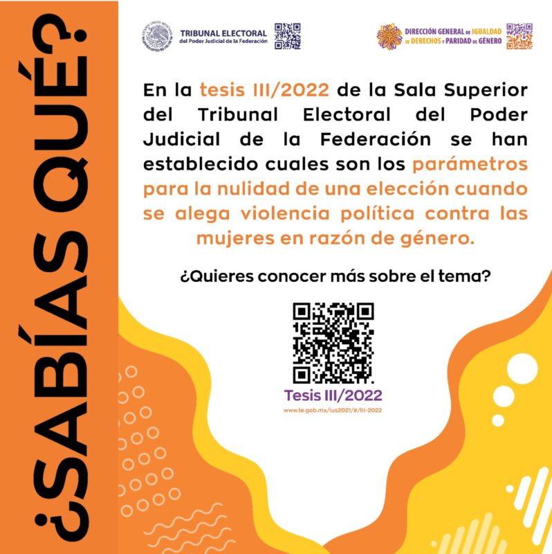 En el marco del #DíaNaranja, te invitamos a consultar la Tesis III/2022 sobre los parámetros para la nulidad de una elección cuando se alega violencia política contra las mujeres en razón de género.