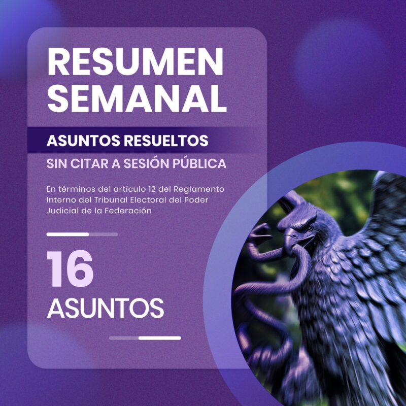 #ResumenSemanal En la última semana, del 10 al 16 de enero, el Pleno de la #SalaSuperior del #TEPJF resolvió 16 asuntos sin citar a sesión pública.