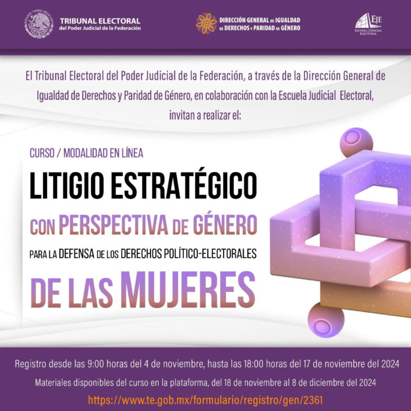 Participa en el "Curso: Litigio estratégico con perspectiva de género para la defensa de los derechos político - electorales de las mujeres", modalidad en línea.