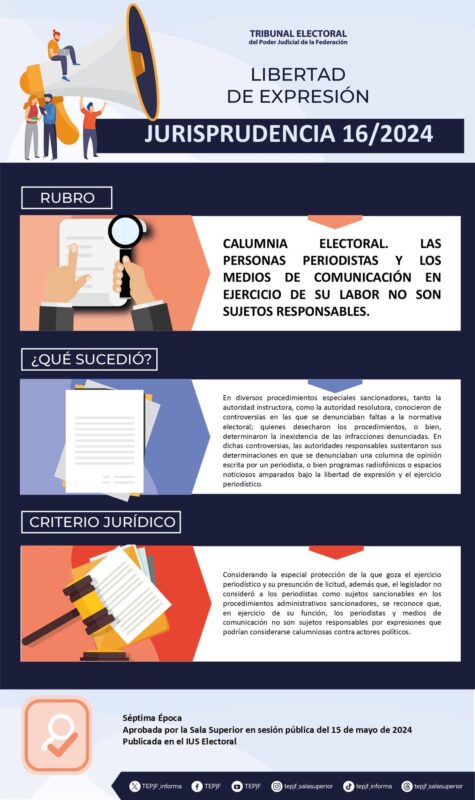 Jurisprudencia 16/2024 Rubro: Calumnia electoral. Las personas periodistas y los medios de comunicación en ejercicio de su labor no son sujetos responsables.