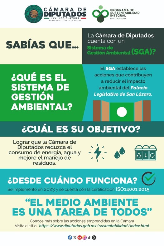 ¿Sabías qué la Cámara de Diputados tiene un Sistema de Gestión Ambiental? Este nos ayuda a reducir el impacto ambiental y mejorar el manejo de residuos, energía, luz y agua.