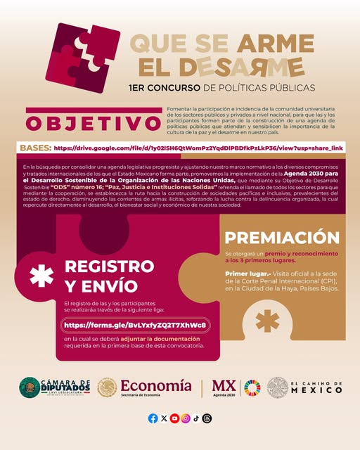 La Cámara de Diputados, en alianza con el Secretariado Ejecutivo del Consejo Nacional de la Agenda2030MX, la Secretaría de Economía y la asociación civil “El Camino de México”, invitamos a participar a las y los alumnos de grado universitario al 1.er Concurso de Políticas Públicas “Que se arme el desarme”.