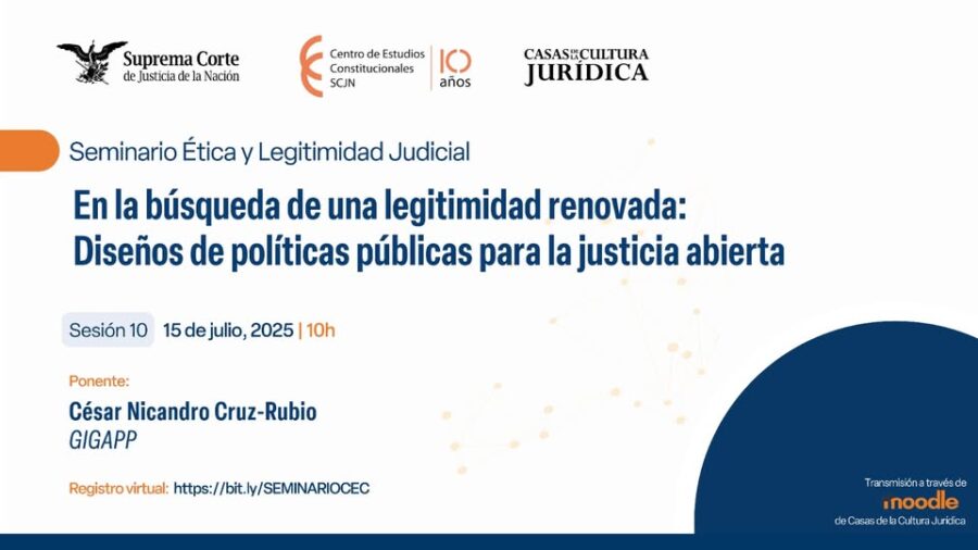 Hablaremos sobre políticas públicas en la justicia abierta en esta sesión del seminario sobre ética y legitimidad judicial del Centro de Estudios Constitucionales y las Casas de la Cultura Jurídica, SCJN.