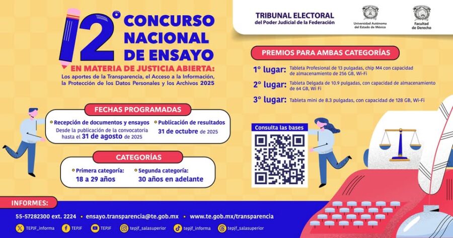 ¡Participa en el 12.º Concurso Nacional de Ensayo en Materia de Justicia Abierta!  Te recordamos que hoy, 31 de agosto de 2025, es el último día para recepción de trabajos y documentos.