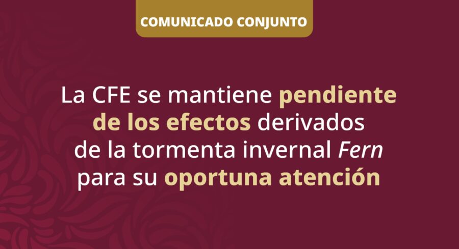 La CFE se mantiene pendiente de los efectos derivados de la tormenta invernal Fern para su oportuna atención